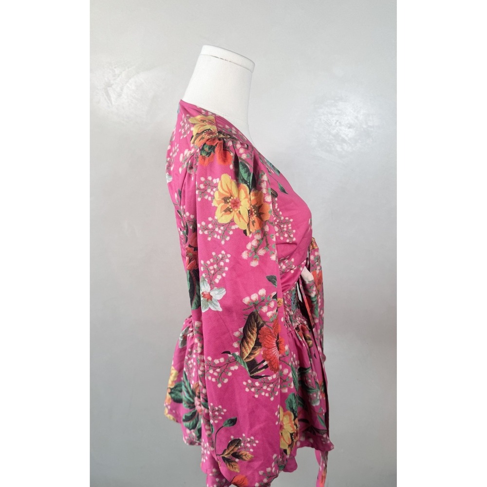 Agua Bendita Pink Floral Tropical Resort Ruffle Skirt and Wrap Top Set Sz M - Picture 3 of 4